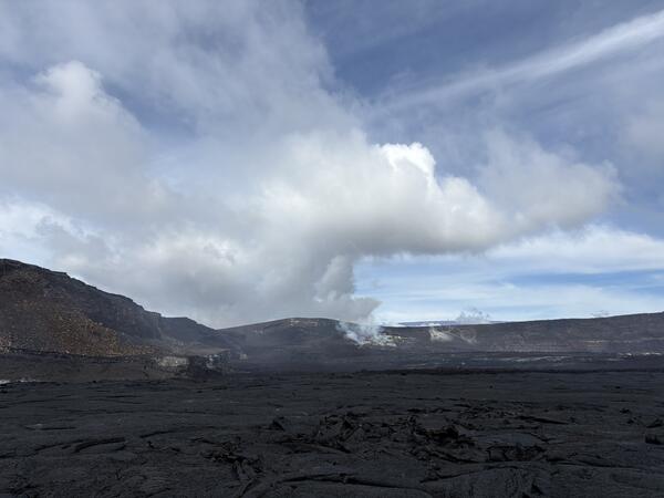 Color photograph of volcanic vent degassing