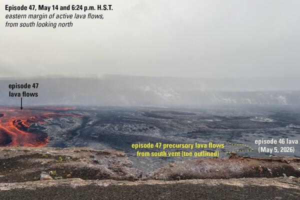 Annotated photograph of active and inactive lava flows