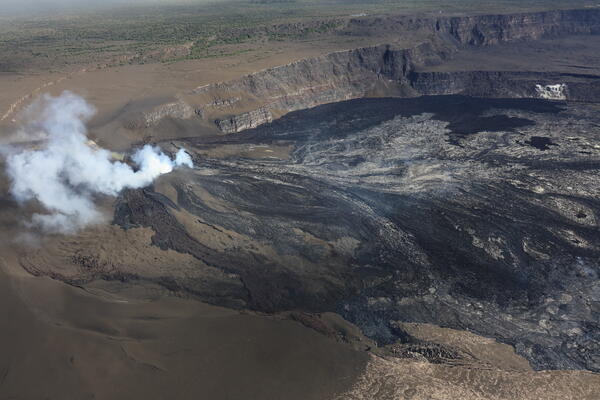 Color photograph of volcanic vents degassing