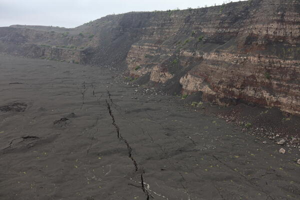Color photograph of caldera wall and floor