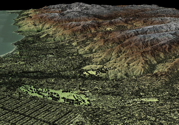 Lidar-derived DSM of a portion of the Palisades fire with a green to brown symbology