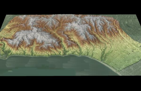 Lidar-derived DSM of the Palisades fire with a green to brown symbology