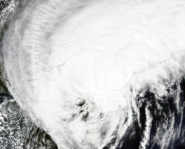 Satellite photo shows the center of Tropical Storm Irene passing over New England