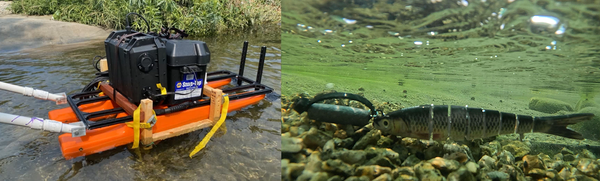 Raft with PIT tag reader and two cameras and PIT tag attached to a lure