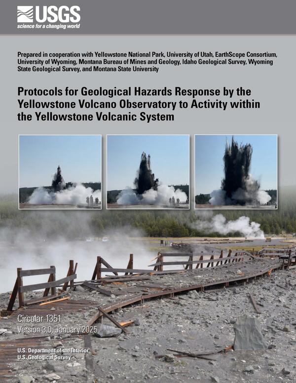 Report cover with a damaged boardwalk and inset showing progression of a hydrothermal explosion
