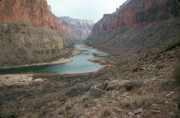 Colorado River, Grand Canyon, River Mile 52.8, Nankoweap, Downstream View from River Right, 1990