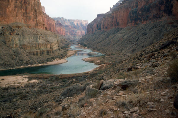 Colorado River, Grand Canyon, River Mile 52.8, Nankoweap, Downstream View from River Right, 1990
