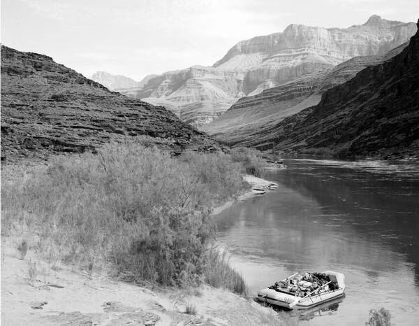 Repeat photograph of boats on a beach along the Colorado River in Grand Canyon, 1991