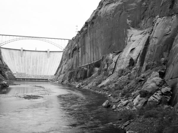 Repeat photograph taken in 1992 of Glen Canyon Dam, a match to the 1889 image by Nims from the Stanton Expedition