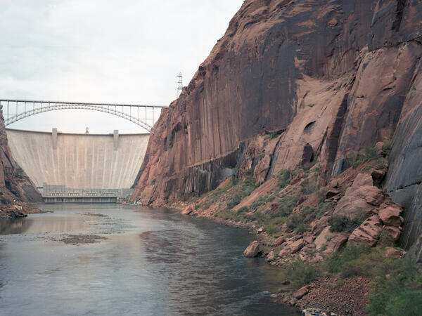 Repeat photograph taken in 1992 of Glen Canyon Dam, a match to the 1889 image by Nims from the Stanton Expedition
