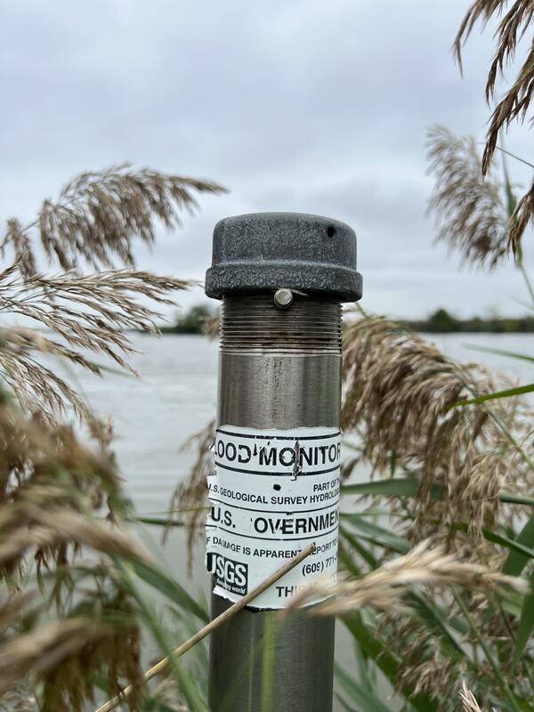 Close up shot of the cap of a two-inch pipe hidden in the reeds and looking out on the Bay beyond