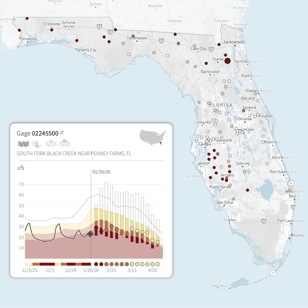 Screenshot of River DroughtCast zoomed into Florida with an example gage