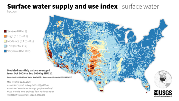 Surface water supply and use index, as a fraction, across the United States
