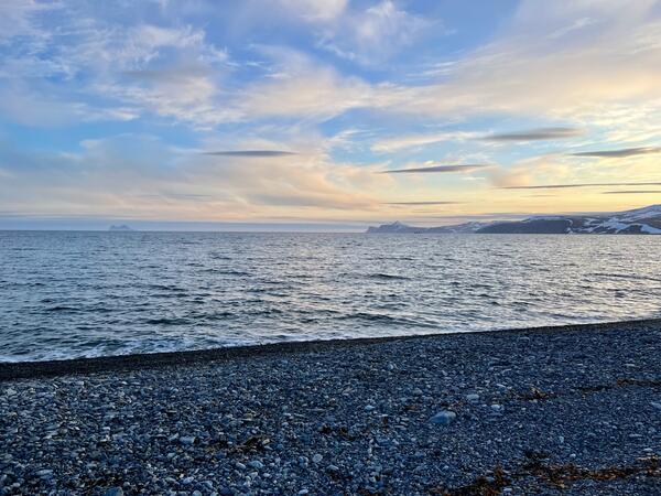 Sunset over the Bering Sea. Gravel beach, snow covered cliffs with blue skies and wispy clouds with an amber hue.