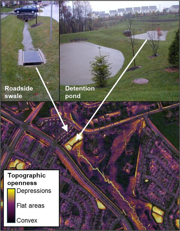 Photos of roadside swale and second photograph of detention pond with arrows pointing to depressions on geospatial dataset