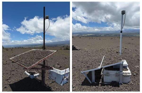 Color photographs showing volcano monitoring equipment covered with tephra