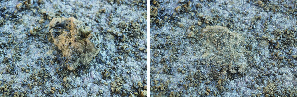 Color photograph comparing a piece of rock before and after being crushed