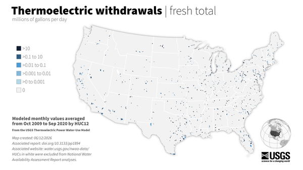 Map of the lower 48 U.S showing thermoelectric water use by watershed
