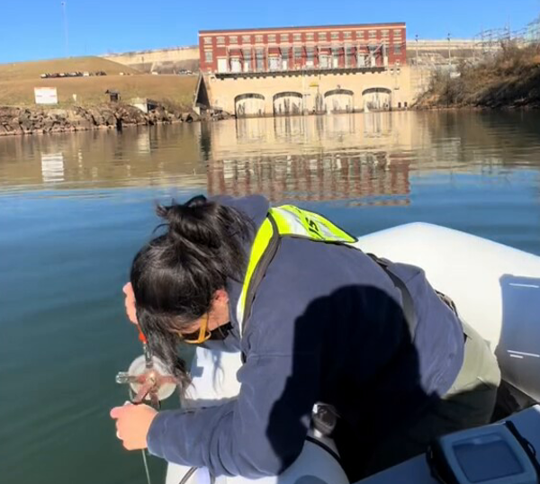 Laura Lapolice taking water-quality sample at Mountain Island, NC.