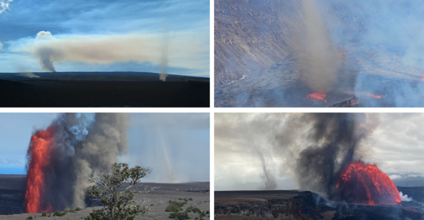 Panel showing four color photographs of dust devils in volcanic eruption settings