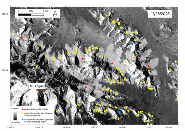 GIF of radar backscatter satellite imagery showing the change in surface roughness before and after the earthquake 