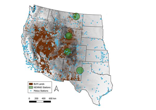 Map of the western United States illustrating lands under BLM management (in brown) and locations of Next Generation Weather Surveillance Radars (NEXRAD Stations) (green dots) and Motus Wildlife Tracking Network stations (Motus Stations) (blue dots).