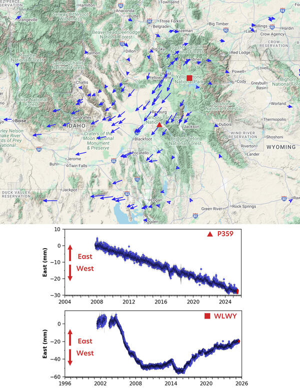 Map view and time series plots of deformation in the Yellowstone area