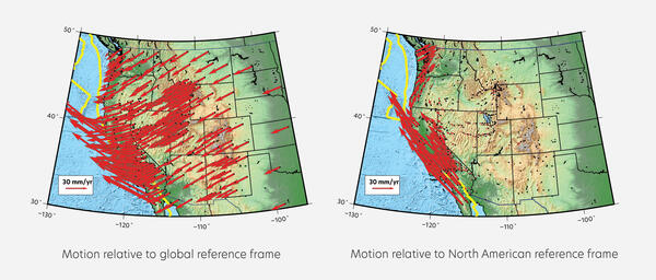 Plots of ground deformation showing the impacts of reference frame (e.g., point of view)