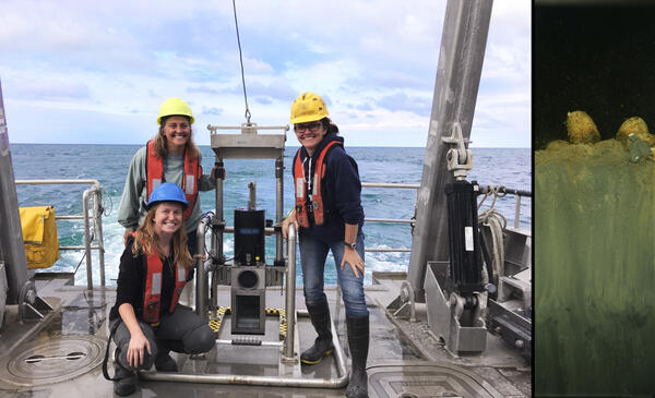Scientists aboard research vessel Muskie and a sediment cross section (right)