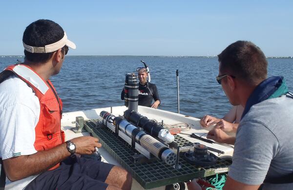 Investigators prepare to place a Shallow Water Irradience Platform (SWIP) at a site in Barnegat Bay, NJ.