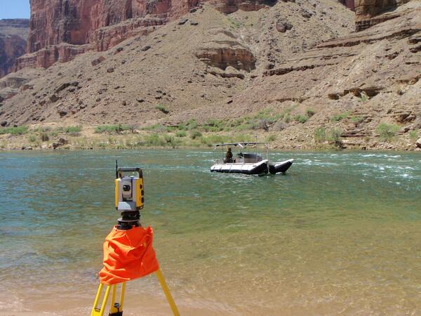 Boat in Colorado River using sonar to survey river bed