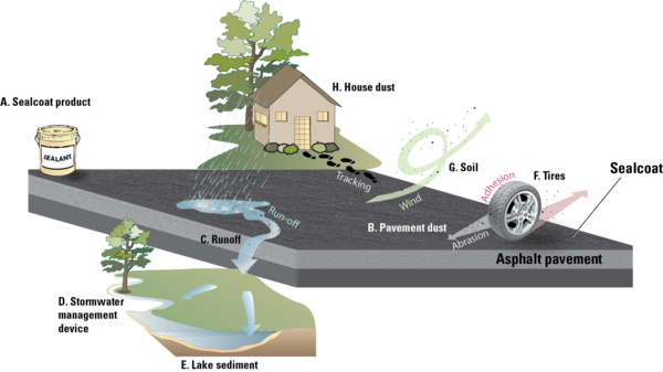 Diagram indicating pathways for transport of PAHs from coal-tar sealcoat