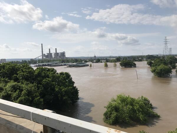 US Highway 62 bridge at the widespread flooding and backwater conditions on the Arkansas River