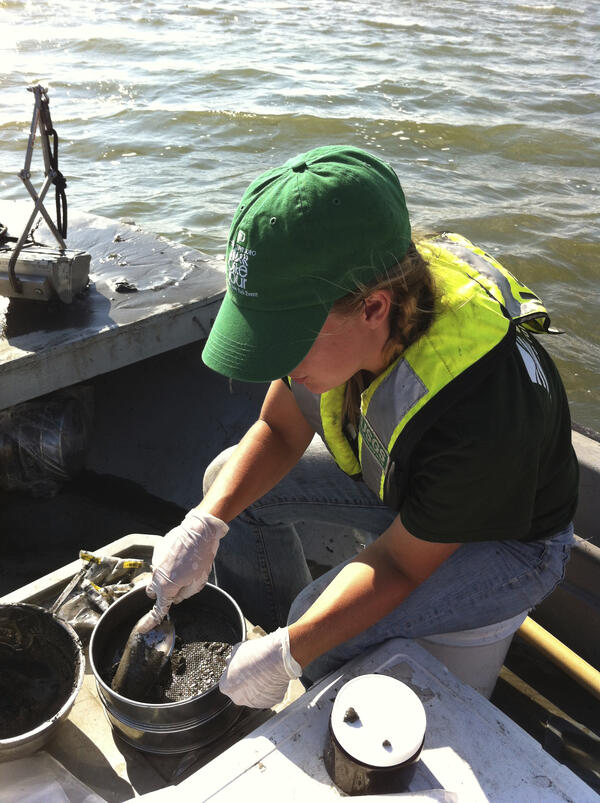 Female scientist digging sand from a bucket while on a boat in the water.