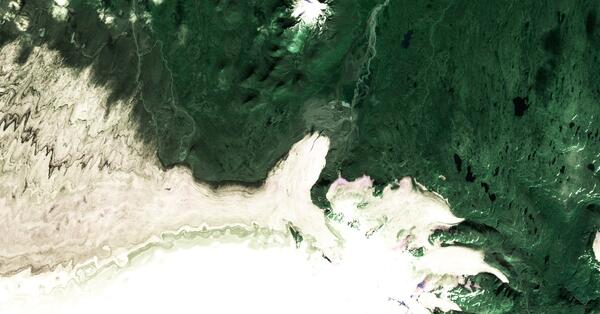Image shows a satellite view of a white glacier extending from a large ice cap into a surrounding green landscape
