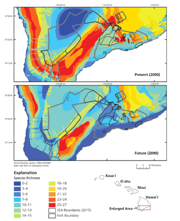 Native species richness (of the 29 species) using cool to warm colors to represent overlapping distributions of few to many spec