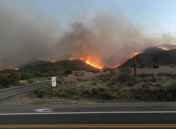 Flames from the Woodbury Fire at Tonto National Monument