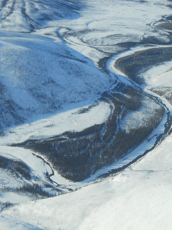 Aerial view of an arctic landscape.