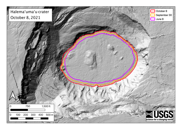 Color map showing lava lake rise