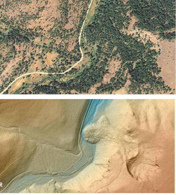A comparison of an air photo and a lidar image of an area along Secondary Road and Camp Creek