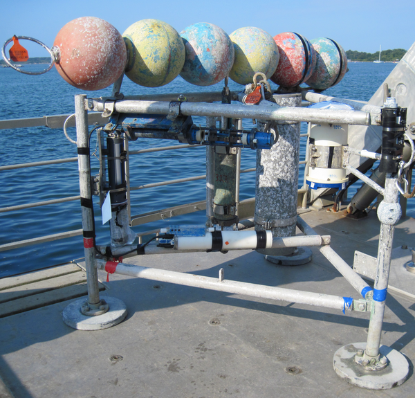 Minipod style tripod for near bottom current and wave measurements ready for deployment.