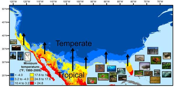 Map of U.S. mainland showing temperate, transitional and tropical temperature patterns