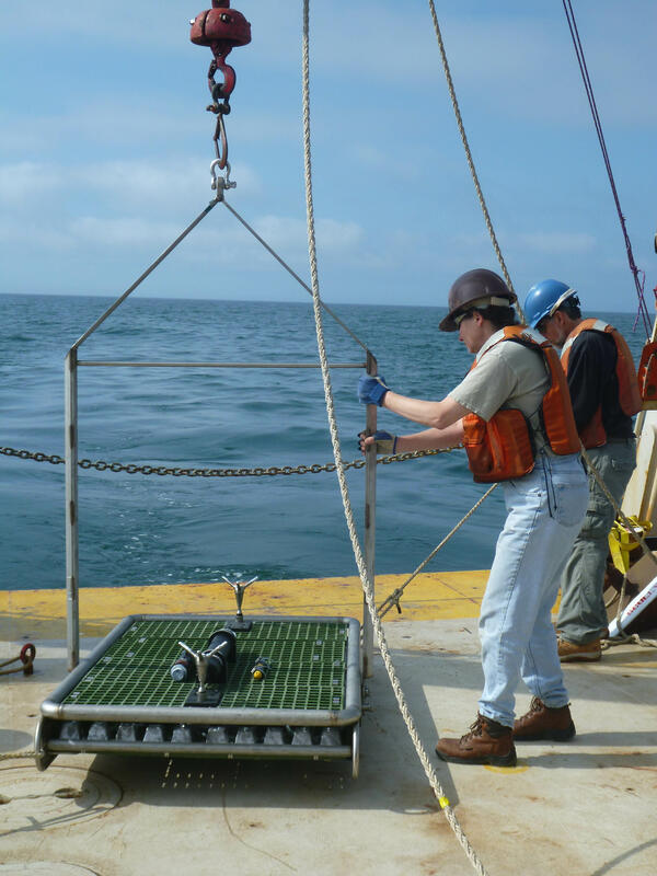 Photograph of Marinna Martini prepares to deploy a NIMBBLE from the R/V Connecticut south of Martha's Vineyard