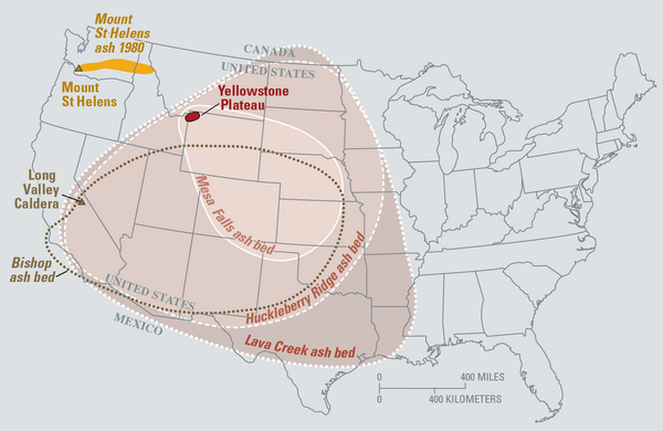 Map of the known ash-fall boundaries for several U.S. eruptions