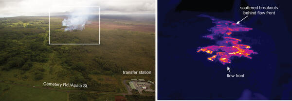 A normal photograph along with a thermal image of the flow front. ...