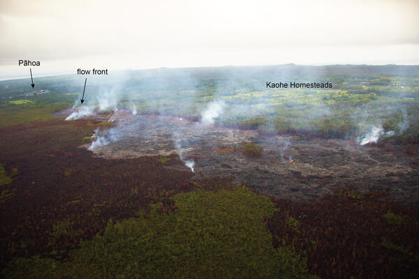 Another view of the flow front, looking downslope towards Pāhoa. T...