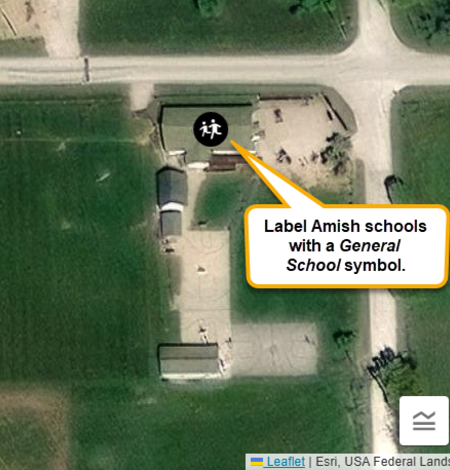 Screenshot of the Green Acres Amish School labeled with the General School symbol.