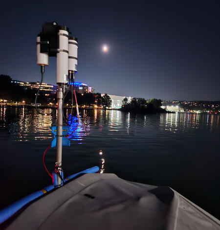 light sensor attached to boat on the water at Lake Washington at night