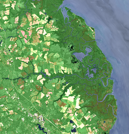 Landsat satellite image of the Bombay Hook National Wildlife Refuge in Delaware