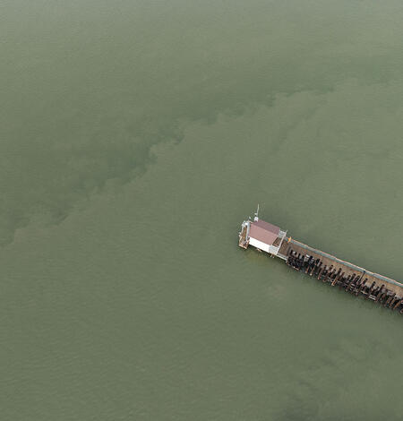 A drone view of where scientists with the U.S. Geological Survey gathered shellfish samples collected at Martinez Harbor, Con